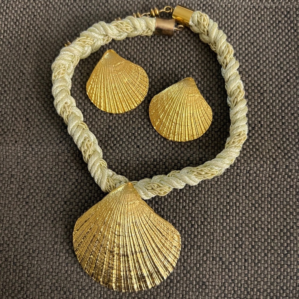 Vintage Gold Shell Braided Rope Necklace Clip On Earrings Set 14-17" Mermaidcore